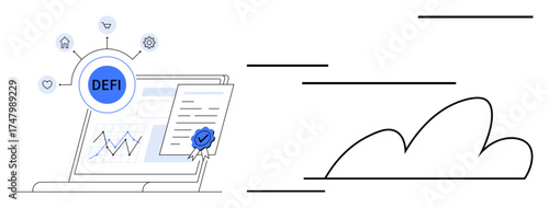 Cryptocurrency sphere with connected icons above a laptop featuring charts and certified documents. Ideal for blockchain, finance, investment, technology, analytics, banking topics, and simple flat