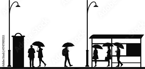 Silhouette illustration of rainy day bus stop, people with umbrellas waiting under shelter, urban lifestyle, city commute, weather concept