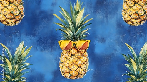Pineapple wearing Sunglasses on Blue Background, Tropical Fruits Watercolor Style