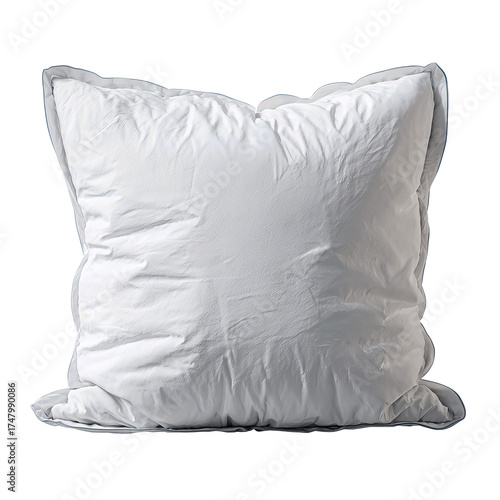 A fluffy square pillow made of crisp white cotton sateen with subtle piping and gentle wrinkles, isolated on transparent background.
