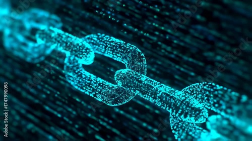 Digital chain link rendered in neon blue. Particles form the structure against a dark backdrop