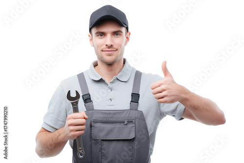 Confident Mechanic: A skilled mechanic, dressed in professional attire, offers a thumbs-up gesture, holding a wrench, exuding confidence in his expertise.