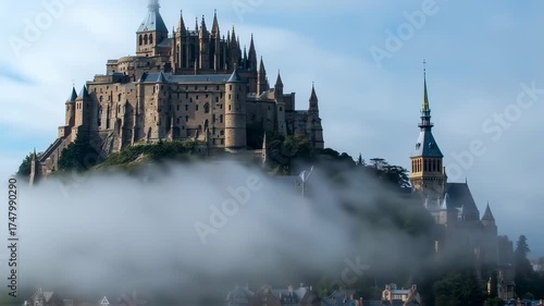 Wallpaper Mural A medieval castle perched on a hill emerges from the fog, displaying towers and spires Torontodigital.ca