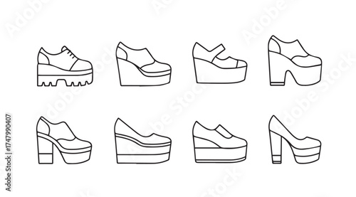 Retro platform shoes collection line art outline set diverse styles fashionable footwear vector