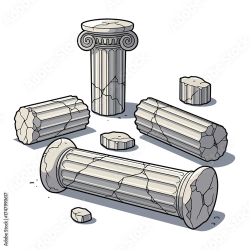 Broken ancient greek columns and stone fragments, isolated on white background