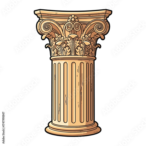 Detailed classical column with floral capital isolated on white background