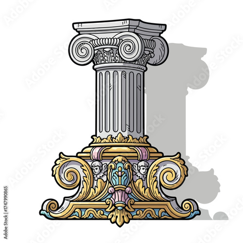 Ornate ancient greek column capital isolated on white background