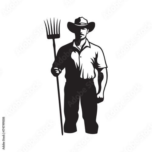 Farmer with pitchfork silhouette, Silhouette farmer with pitchfork wearing hat vector illustration