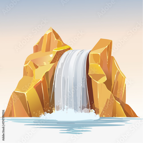 Picturesque Waterfall Vector Water Cascading Down Rocky Cliffs