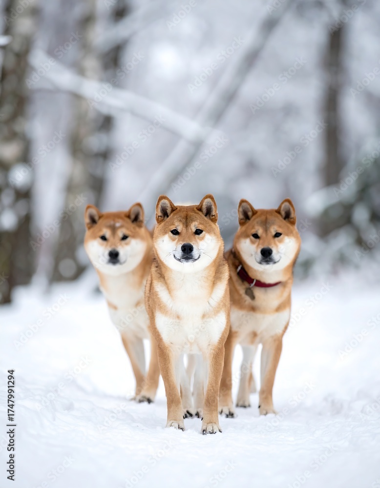 Naklejka premium Three Shiba Inu dogs in a snowy forest (1)