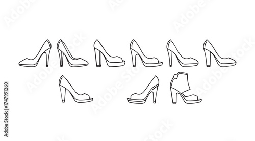 Collection of elegant high heel shoes outlined for fashion design and style concepts vector