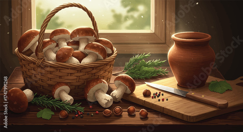 Harvest Bounty A Basket of Mushrooms by the Window