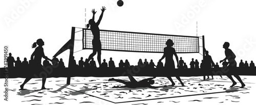 Silhouette of beach volleyball players in action with crowd, sports competition, teamwork, athletic fitness, outdoor game, dynamic movement, summer lifestyle illustration