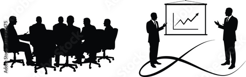 Silhouette of business meeting with team discussion and presentation board, corporate teamwork, leadership strategy, growth concept, office communication, professional workplace illustration