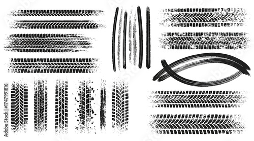 Vector art of collection of tire track impressions in various patterns and styles, creating a dynamic and textured effect