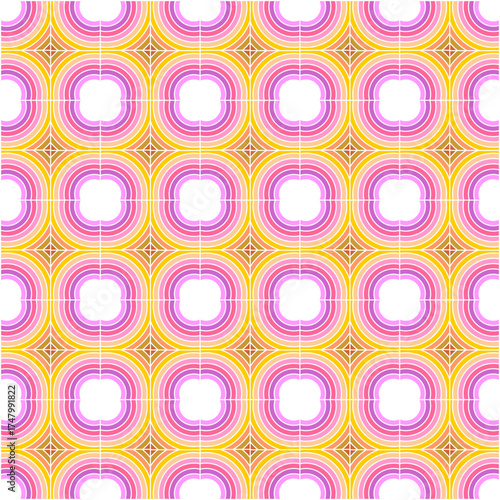 A repeating grid of pink and golden concentric arcs, forming flower-like patterns with central voids, glowing in rhythmic symmetry.