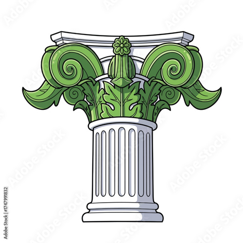 Green ionic column capital with floral decoration, isolated on white background