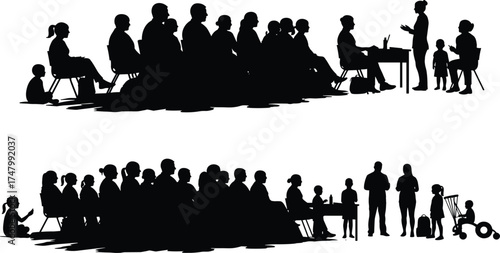 Silhouette of classroom presentation with children and adults, family education, community learning, teaching concept, social interaction, family friendly environment illustration