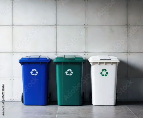 Grouped Recycling Bins in Blue, Green and White for Waste Management.