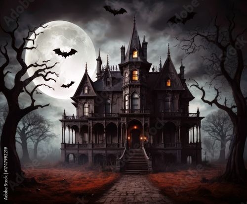Spooky Haunted Mansion With Halloween Bats Under Full Moon Atmosphere.