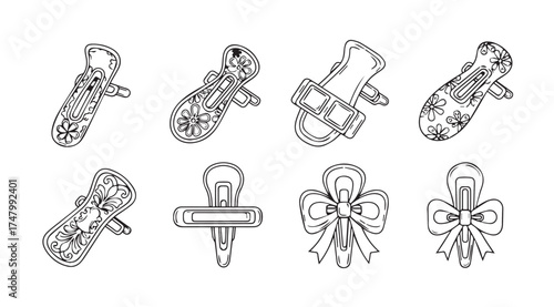 Collection of eight unique pacifier designs line art for baby care and newborn products vector