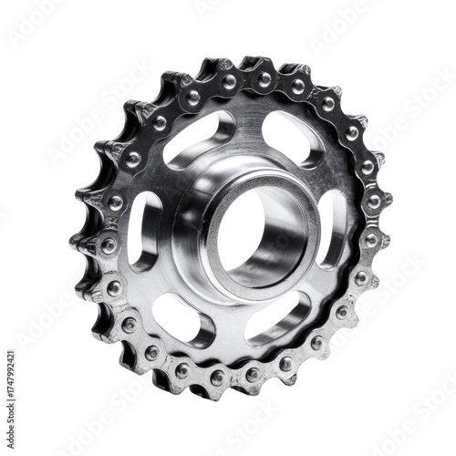 A close-up view of a shiny metal bicycle sprocket with a chain wrapped around it, highlighted on a solid transparent background. background removed
