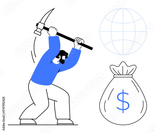 Person mining with pickaxe, money bag symbolizing profit, and globe grid suggesting global connectivity. Ideal for mining, cryptocurrency, finance, investment, economy globalization wealth. Simple