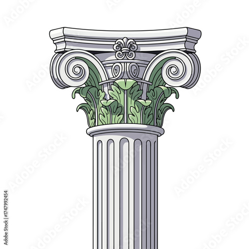 Ionic column capital with acanthus leaves, isolated on white background