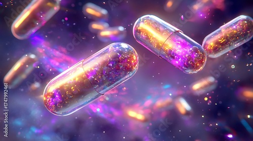 Vibrant Capsule Pills Floating in Nebula Glow, Abstract Pharmaceutical Innovation