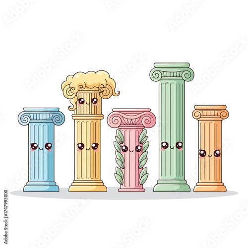 Cute cartoon columns with faces isolated on white background