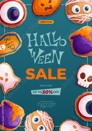 A Halloween flyer design template. Cookies in the form of a mummy, a cauldron, a ghost, a pumpkin, a skull. Autumn discounts, sale. Vector illustration in A4 format for posters, banners, promotions