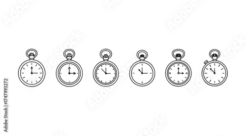 Row of vintage pocket watches showing different times in a conceptual timekeeping collection vector