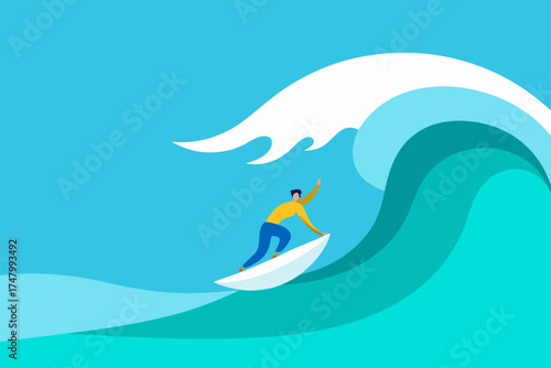 Surfer riding a big wave in a bright blue ocean
