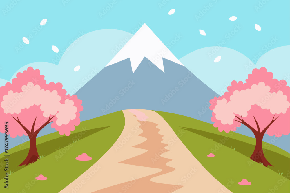 Fototapeta premium Scenic view of mountain with cherry blossom trees