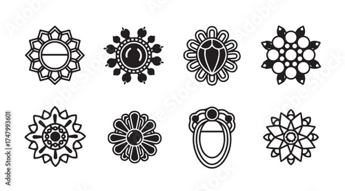 Eight ornate vintage brooch designs intricate detailed ornamental antique jewelry collection vector
