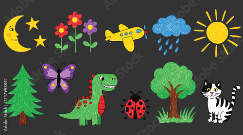 Whimsical Cartoon Collection Featuring Cute Animals, Nature Elements, Weather Icons, and Playful Objects on Dark Background – Ideal for Kids’ Educational Materials, Decor, and Creative Projects