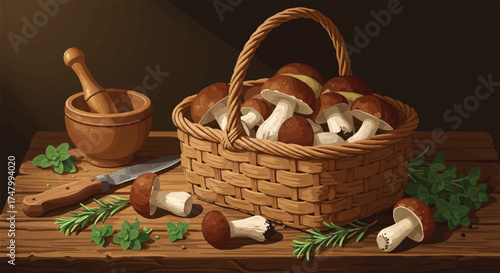 Abundant Mushroom Harvest A Still Life Depicting Nature's Bounty and Culinary Delights
