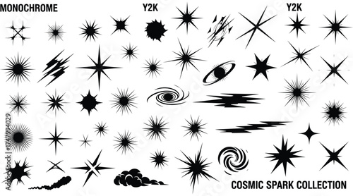 Vector art of a cosmic spark collection of monochrome y2k elements, featuring stars, galaxies, and abstract shapes for modern and retro designs