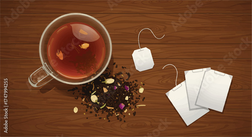 Warm Tea and Tea Bags Still Life on a Wooden Surface