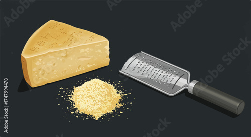 Parmesan Cheese Wedge with Grater and Freshly Grated Pile