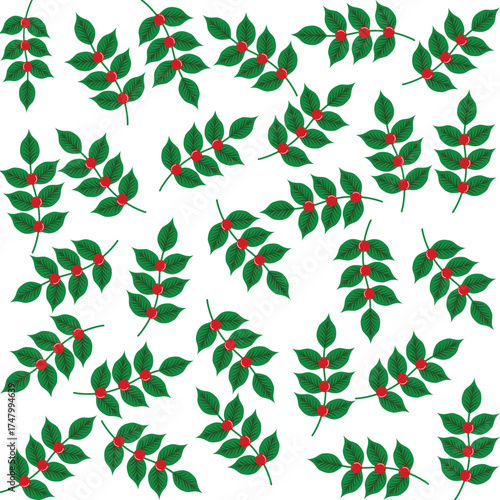 Green leaves with bright red berries on white background bring a fresh and cozy winter vibe.