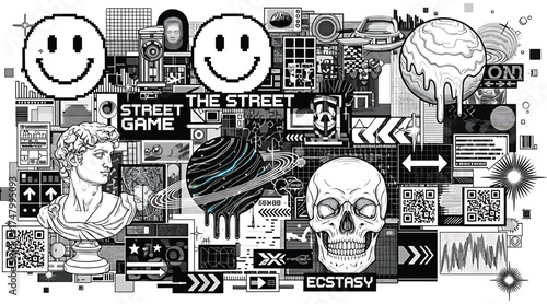 Vector art of a monochrome collage of street game elements, featuring smileys, skulls, statues, and qr codes for a modern, edgy design
