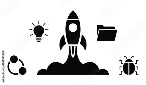 Rocket Launch Vector with Startup, Innovation, Collaboration, and Project Management Icons
