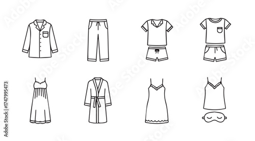 Collection of black and white hand drawn pajamas sleepwear robes and nightgowns for women artistic sketch vector