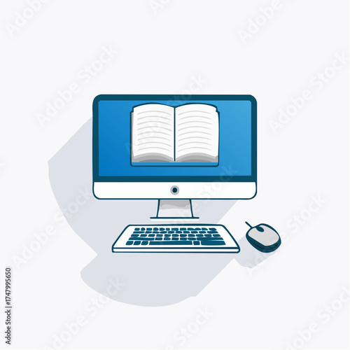 Wallpaper Mural Desktop computer with an open book on the screen, symbolizing e-learning, digital library, and online education. Torontodigital.ca