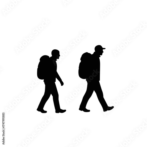 Two men hiking on white background for International Men's Day  