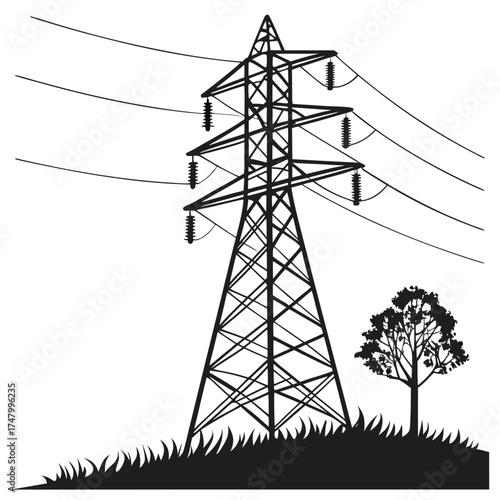 Vector art of electricity pylon with power line in black and white