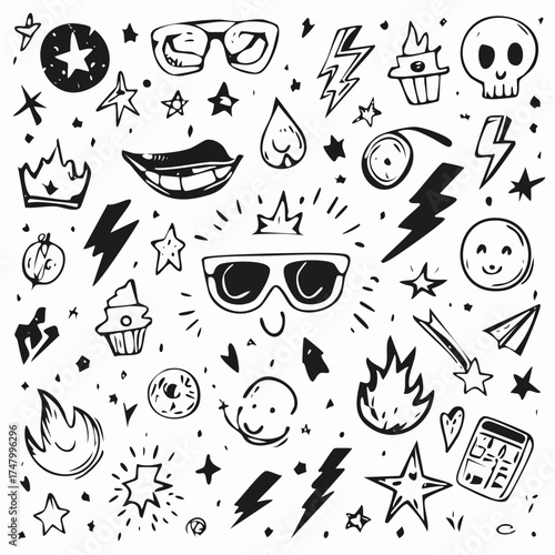 Wallpaper Mural A collection of hand-drawn doodle icons in a sketchy, black and white graffiti style on a white background. Torontodigital.ca