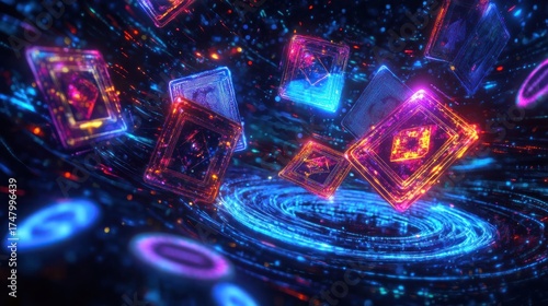 Abstract digital playing cards floating in space