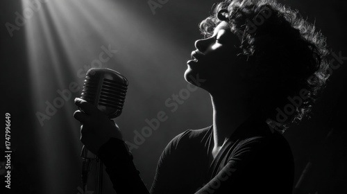 Silhouette of a Singer Performing with a Vintage Microphone.
